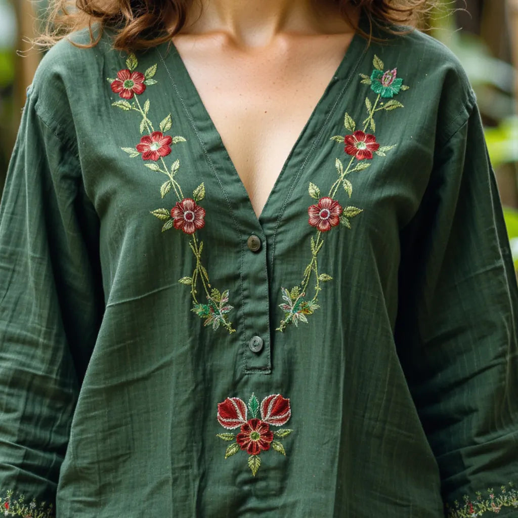 Women's New Casual Embroidery Printed Cotton And Linen Loose Shirt