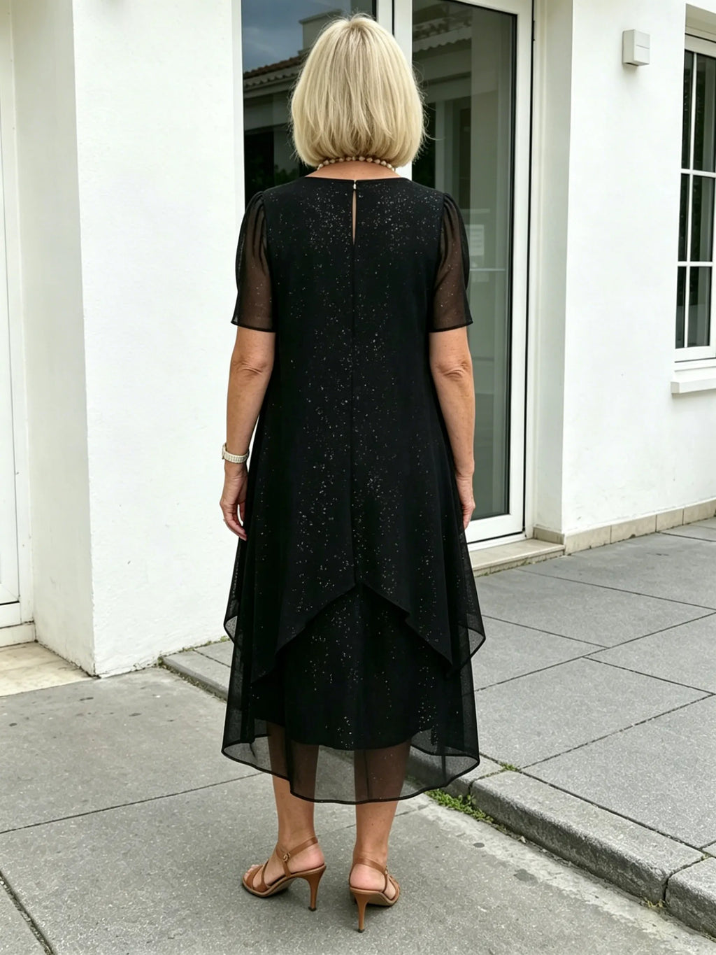 Black Glitter Chiffon Layered Midi Dress, Loose Tummy Concealing Short Sleeve Elegant Dress for Mature Women