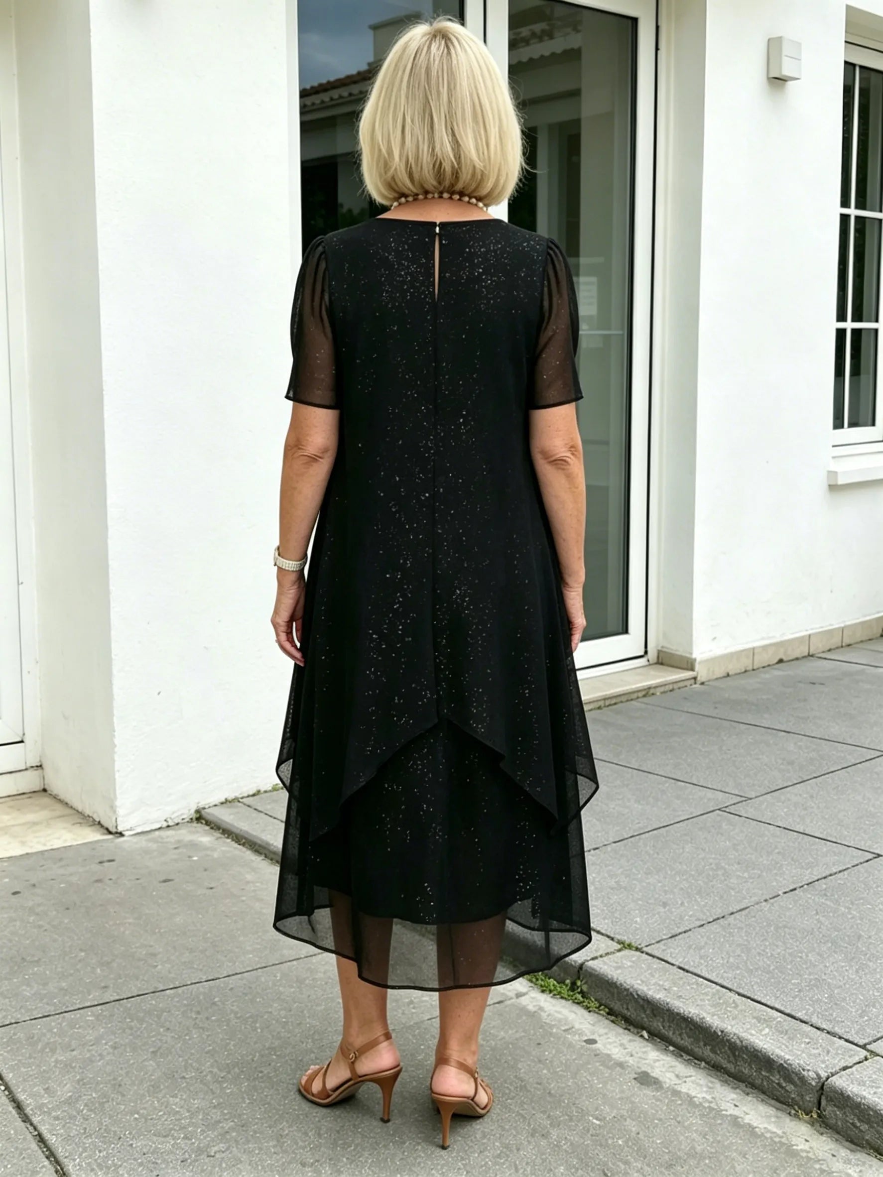Black Glitter Chiffon Layered Midi Dress, Loose Tummy Concealing Short Sleeve Elegant Dress for Mature Women