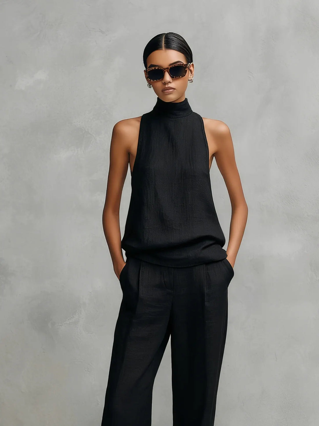 Women's Elegant Black Cotton And Linen Round-neck Sleeveless Top And Trousers Set MDZ1441A4AN