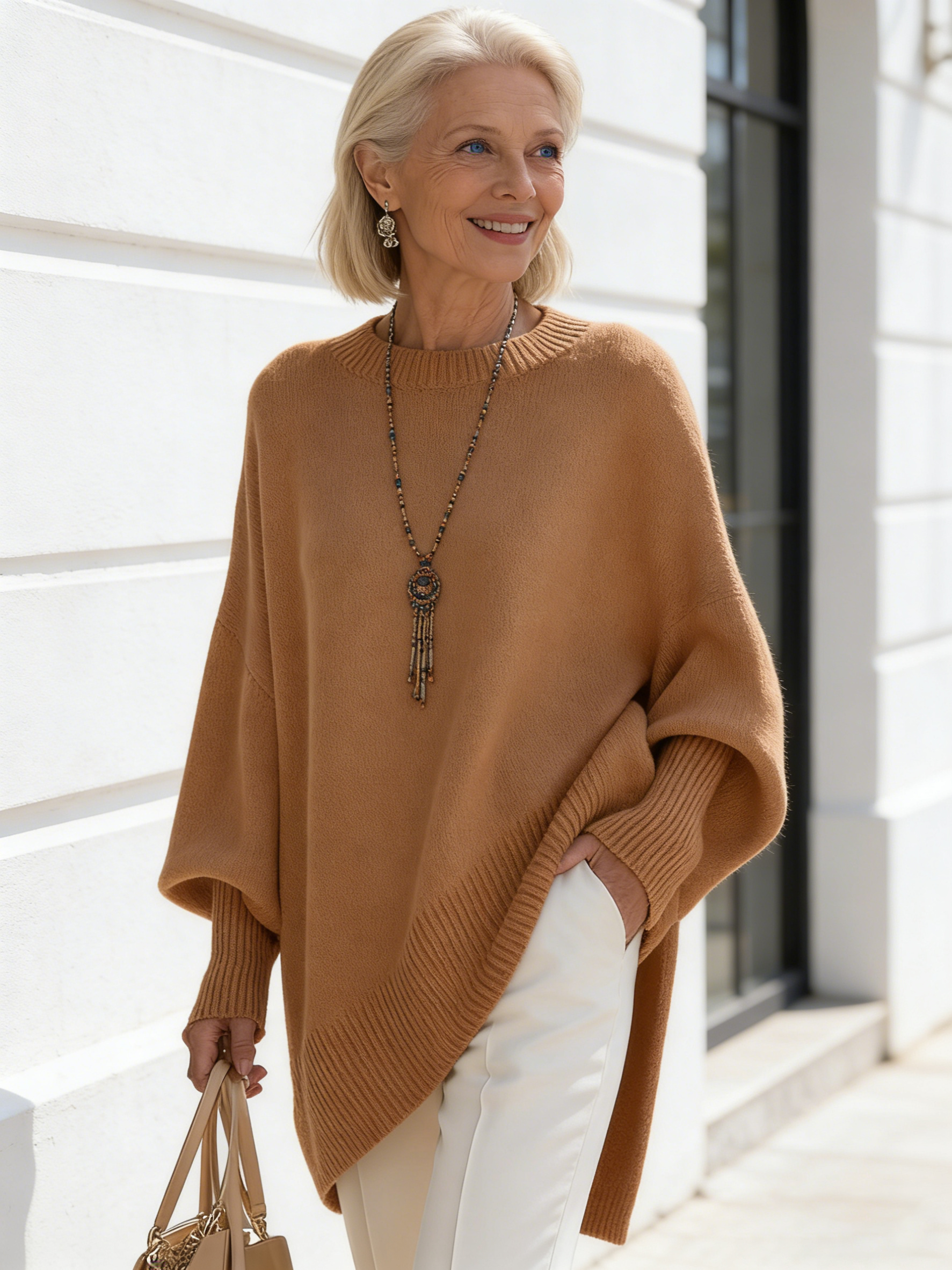 Crew Neck Pullover Knitted Sweater Women's Loose Lazy Style Solid Color Women's Sweater
