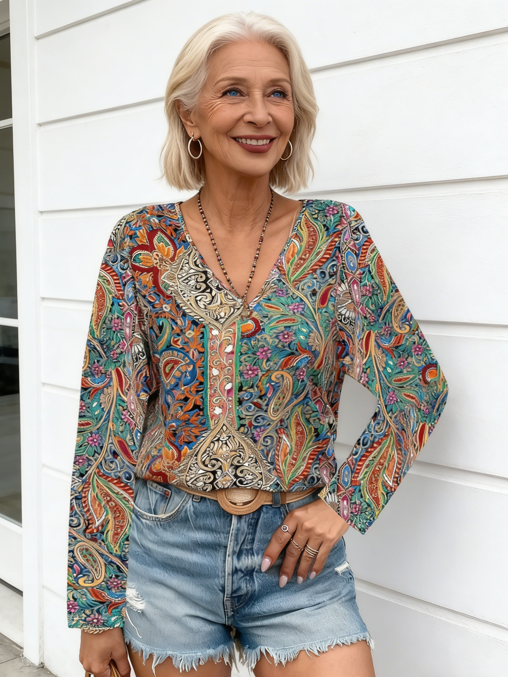 Women's Shirt Paisley Printed V-Neck Long Sleeve Shirt Women's