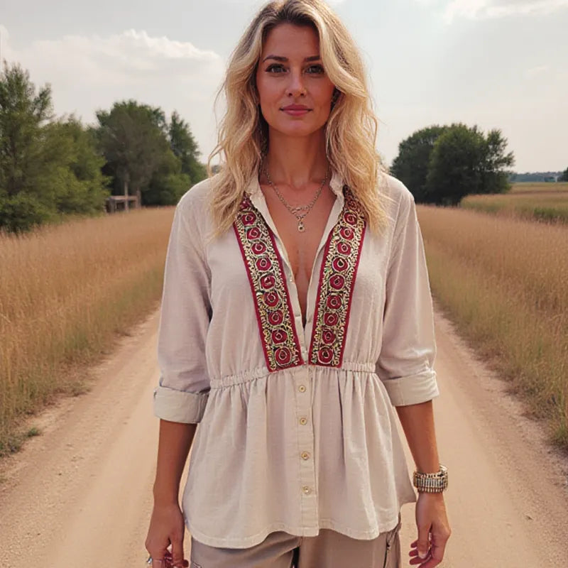 Women's Casual Ethnic Retro Embroidered Off-shoulder Long-sleeved Shirt