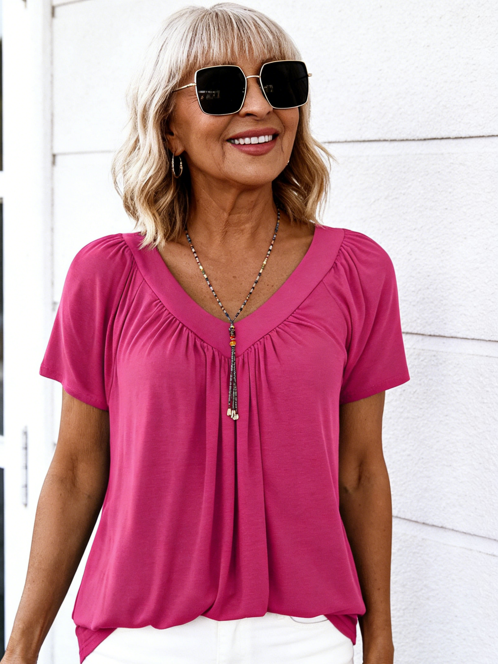V-neck Shoulder Sleeve Pleated Casual Daily Home T-shirt