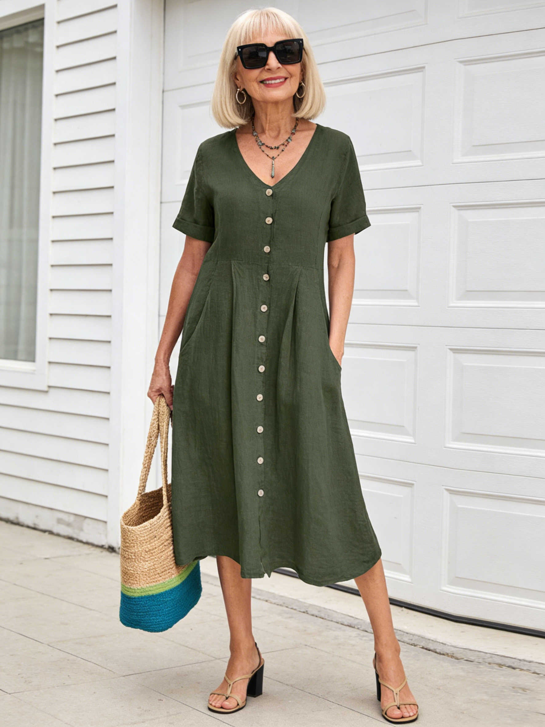 Solid Color Loose High Waist Cotton and Linen Dress