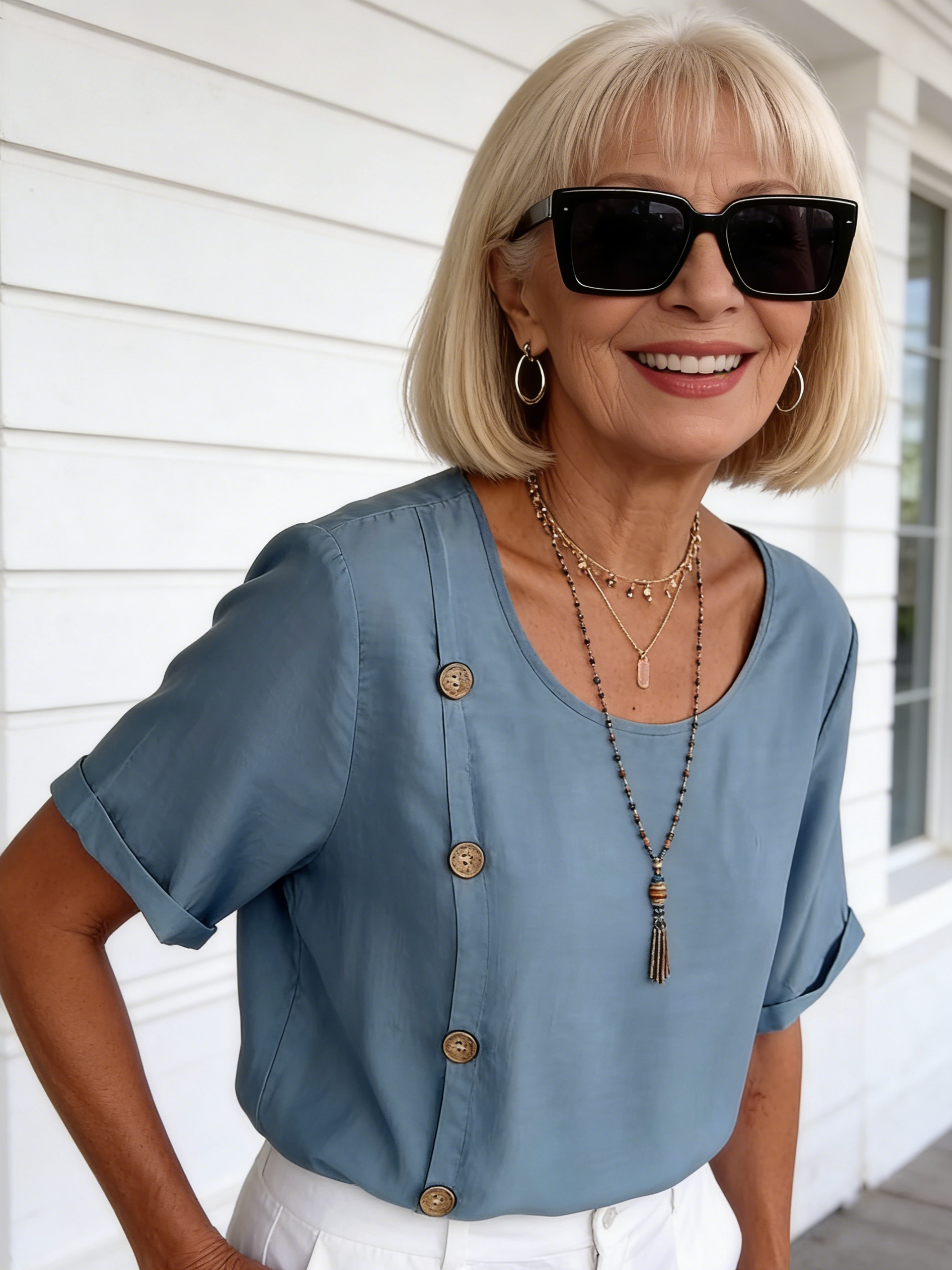 Vibrant Solid Color Chic Button Decor Blouse - Women's Vintage Half Sleeve Simple Blouse for Spring & Fall - Elegant Clothing for Ladies with Classic Style