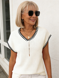 Women's Pullover V-neck Short-sleeved Striped Knitted Sweater