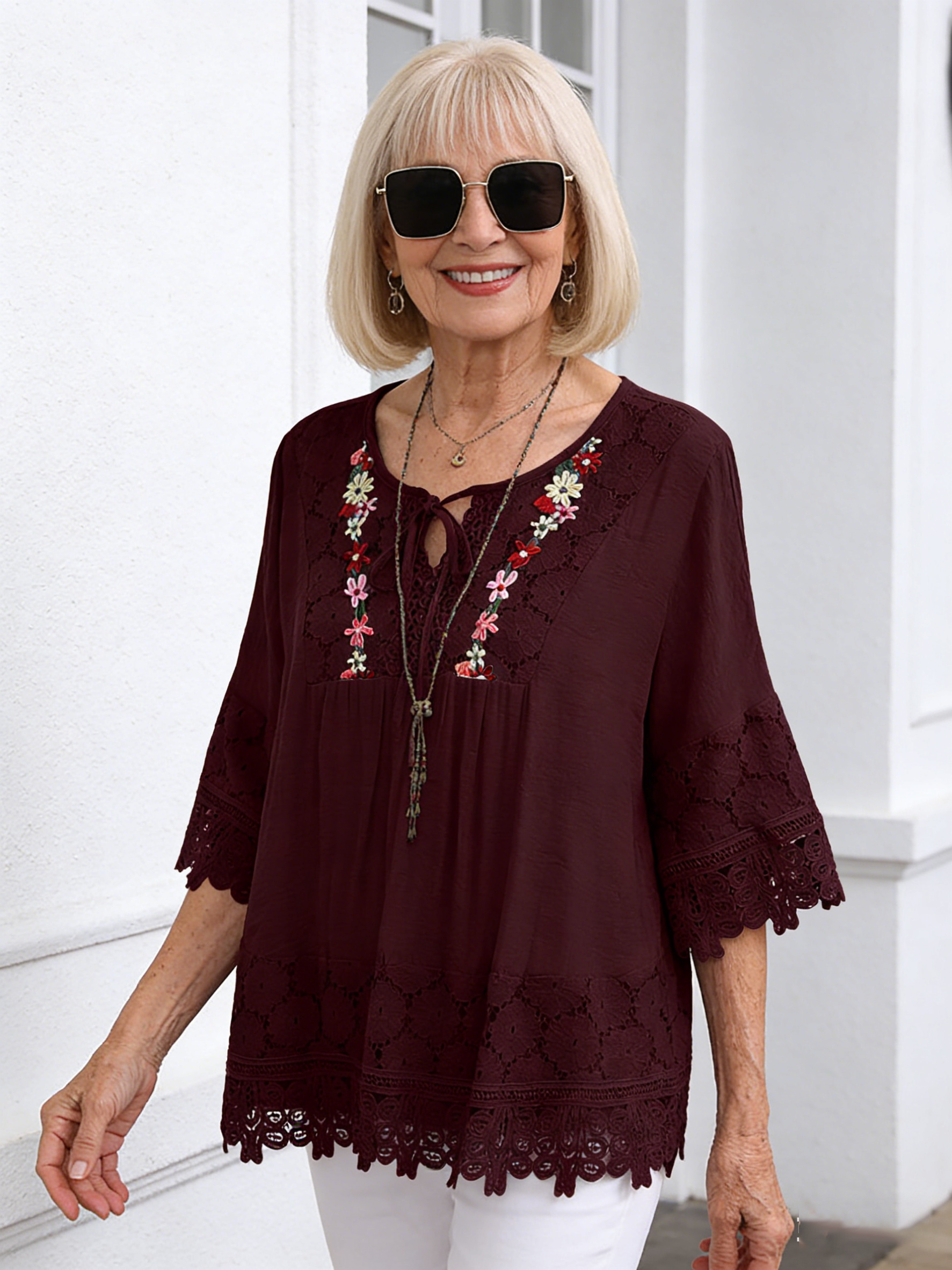Cotton and Linen Splicing Lace Temperament V-neck Loose Top