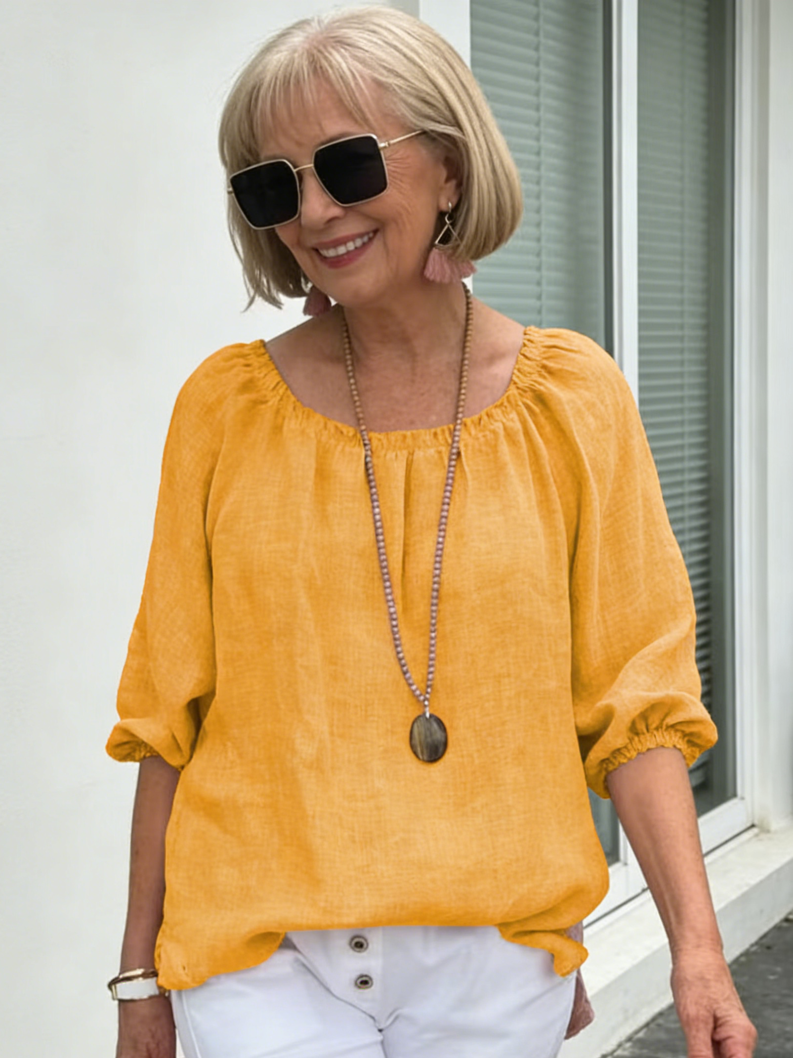 Solid Color Round Neck Medium Sleeve Pullover Cotton and Linen Casual Top