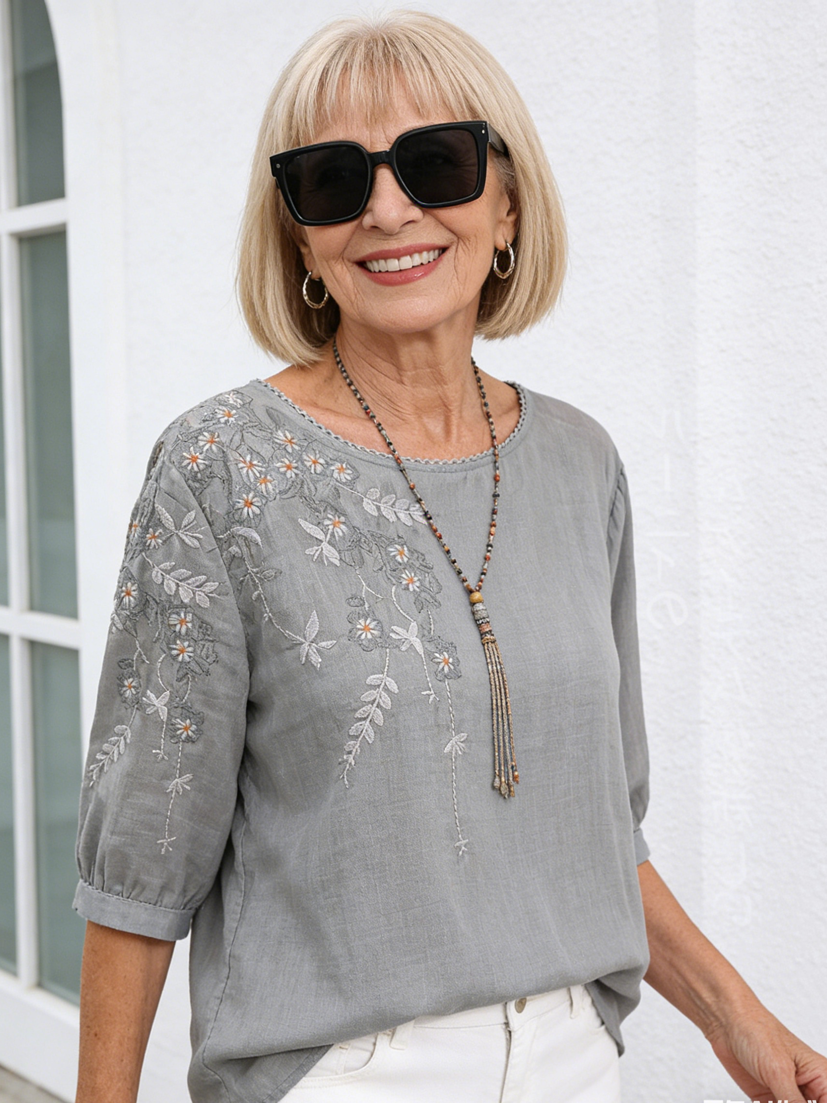 Thin Shirt Cotton and Linen Embroidered T-shirt Short Sleeve Literary and Retro Loose and Thin