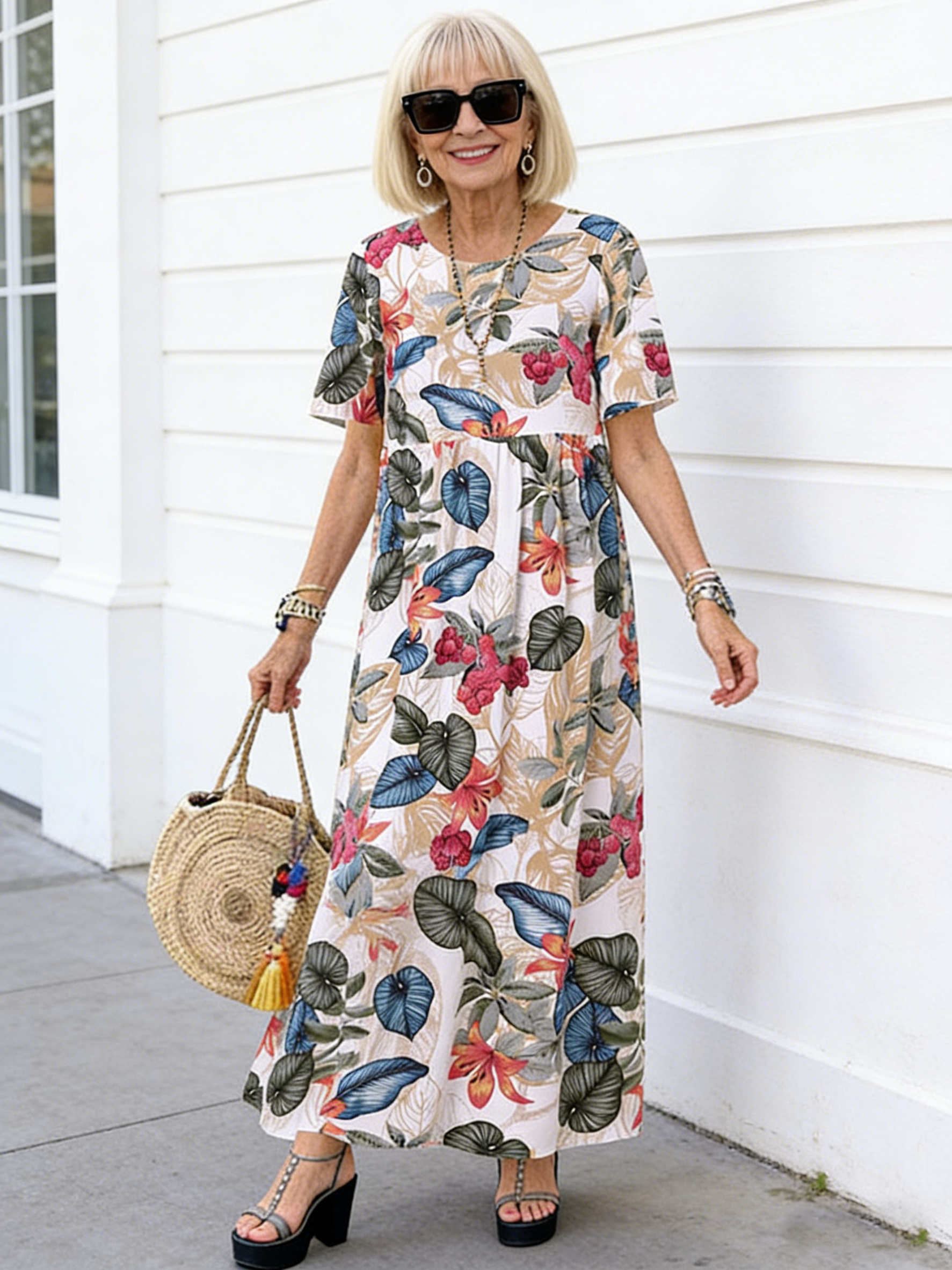 Long Dress Xun Crew Neck Casual Women's Retro Floral Print Loose Short Sleeves