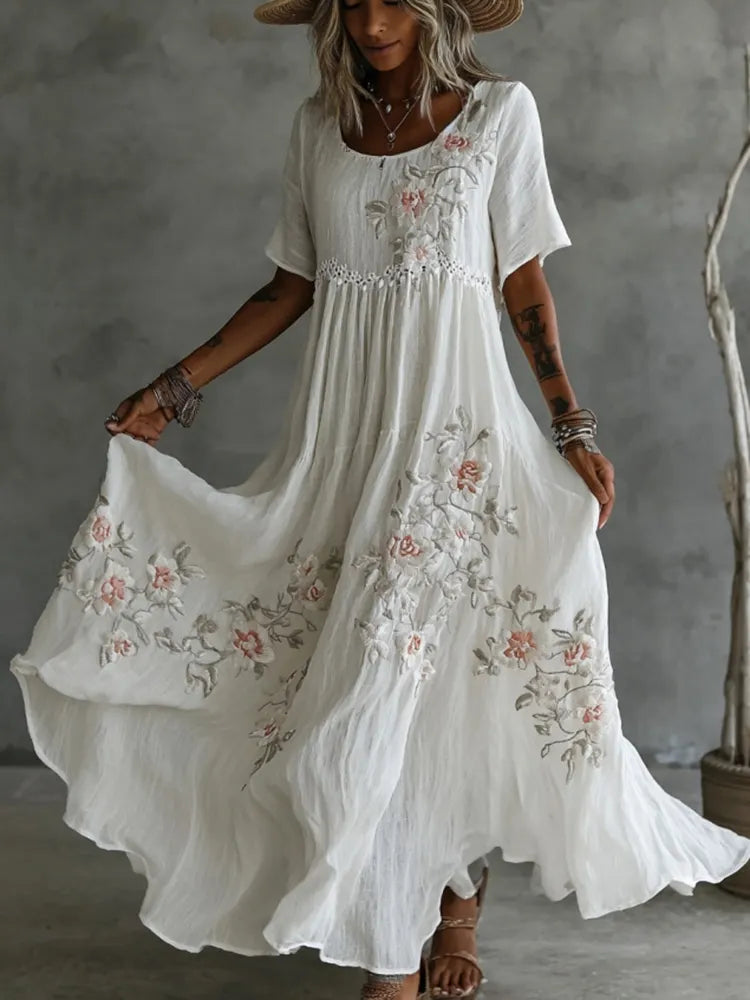 Women's Vintage Rose Floral Art Pattern Crew Neck Short Sleeve Linen Maxi Dress