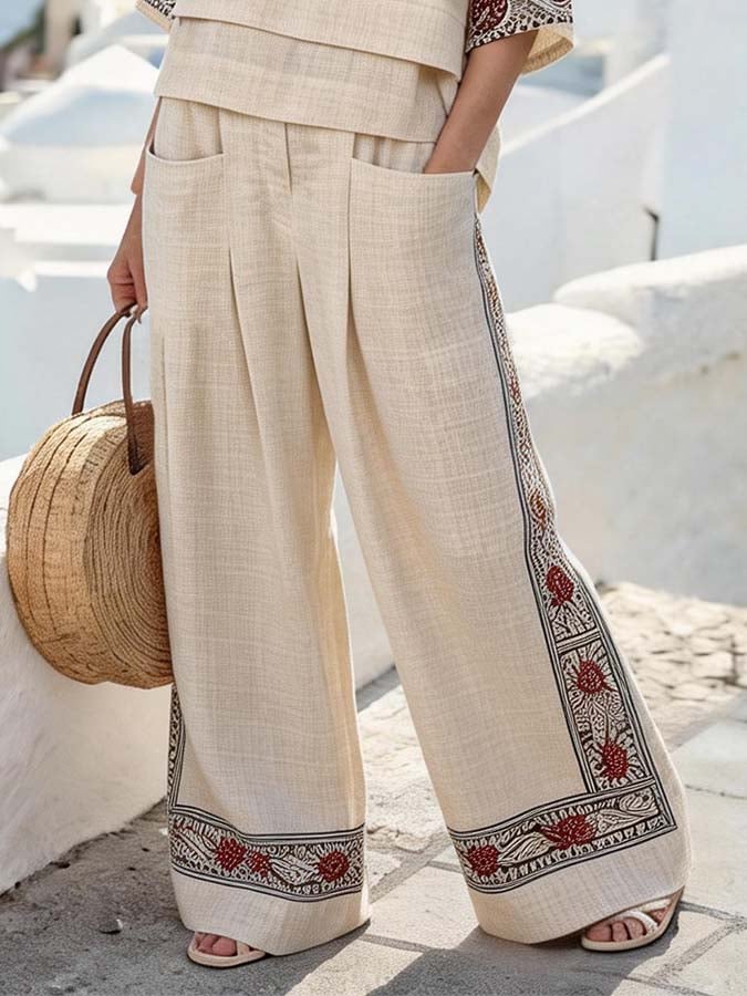 Women'S Casual V-Neck Printed Wide-Leg Pants Set