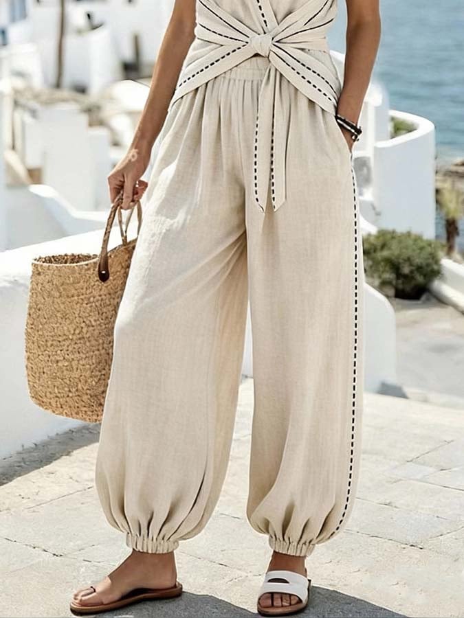 Women'S Casual Crossover Top And Wide-Leg Pants Set