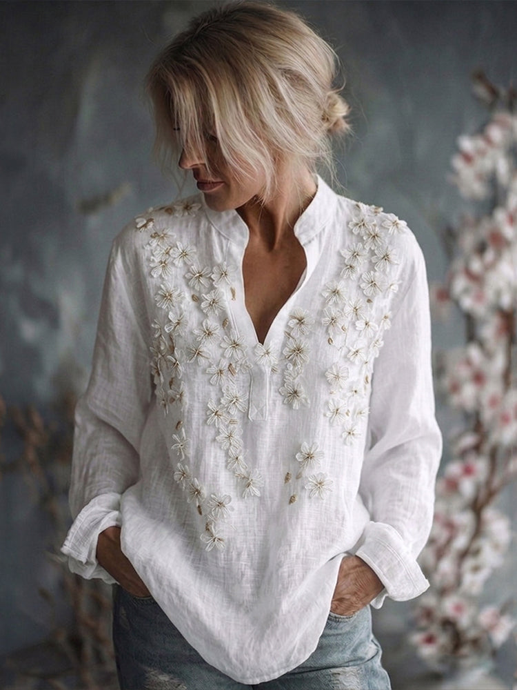 Women's Vintage Embroidered Floral Linen Long Sleeve Shirt
