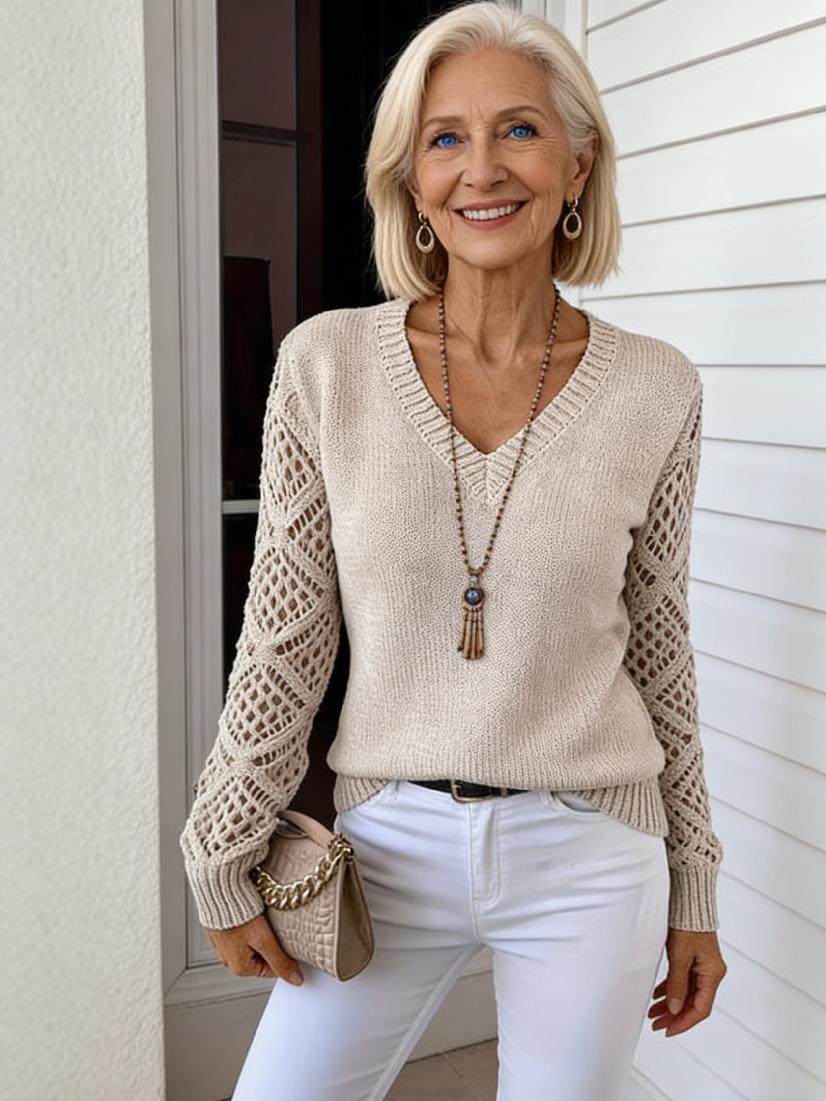 Hollow-out Knitted Sweater Women's Pullover Long-sleeved Crochet Jacquard Loose V-neck Bottoming Top