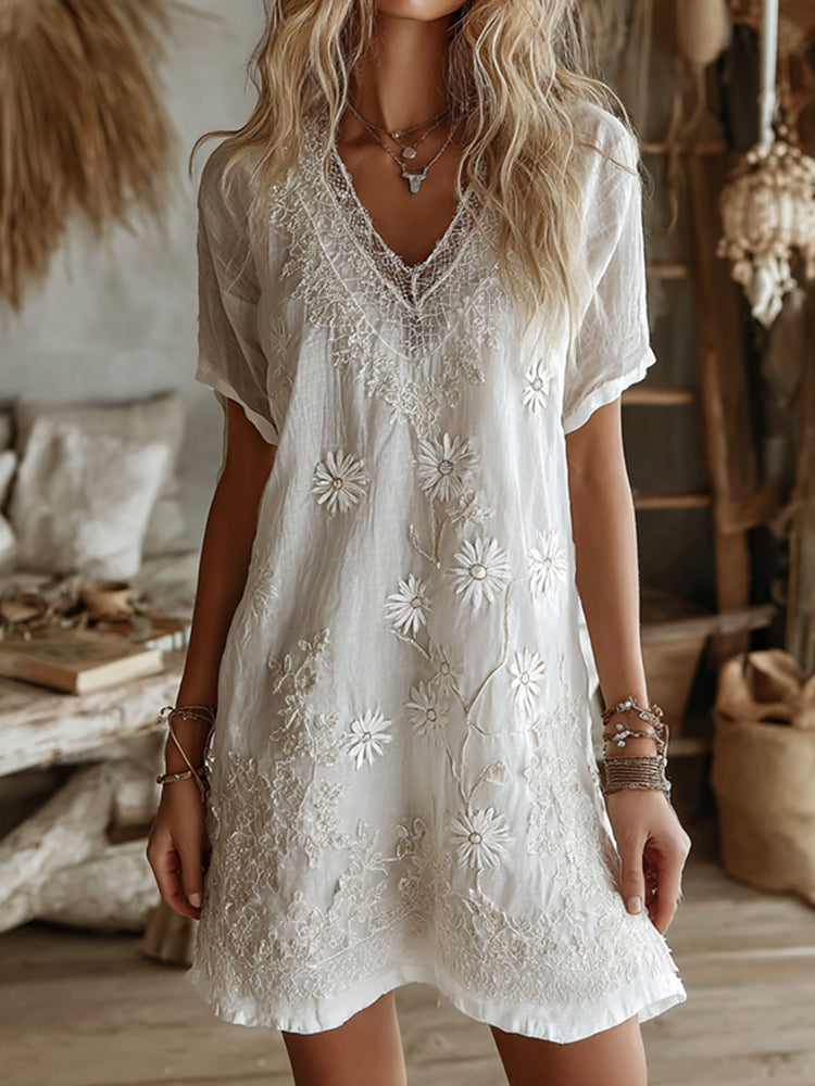 Women's Vintage Floral Print V Neck Short Sleeve Linen Midi Dress