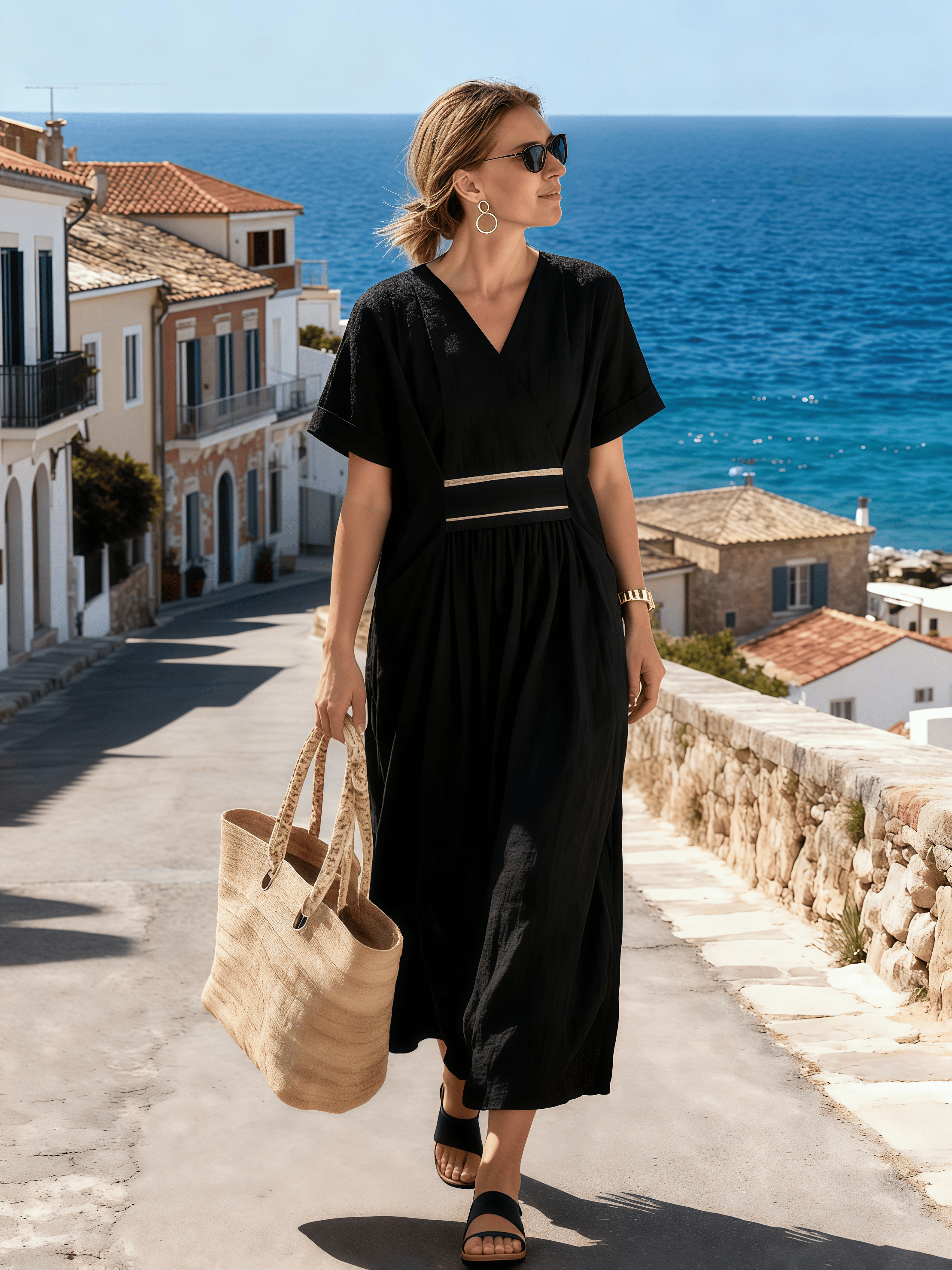 Women's V-Neck Pleated Short-Sleeved Dress