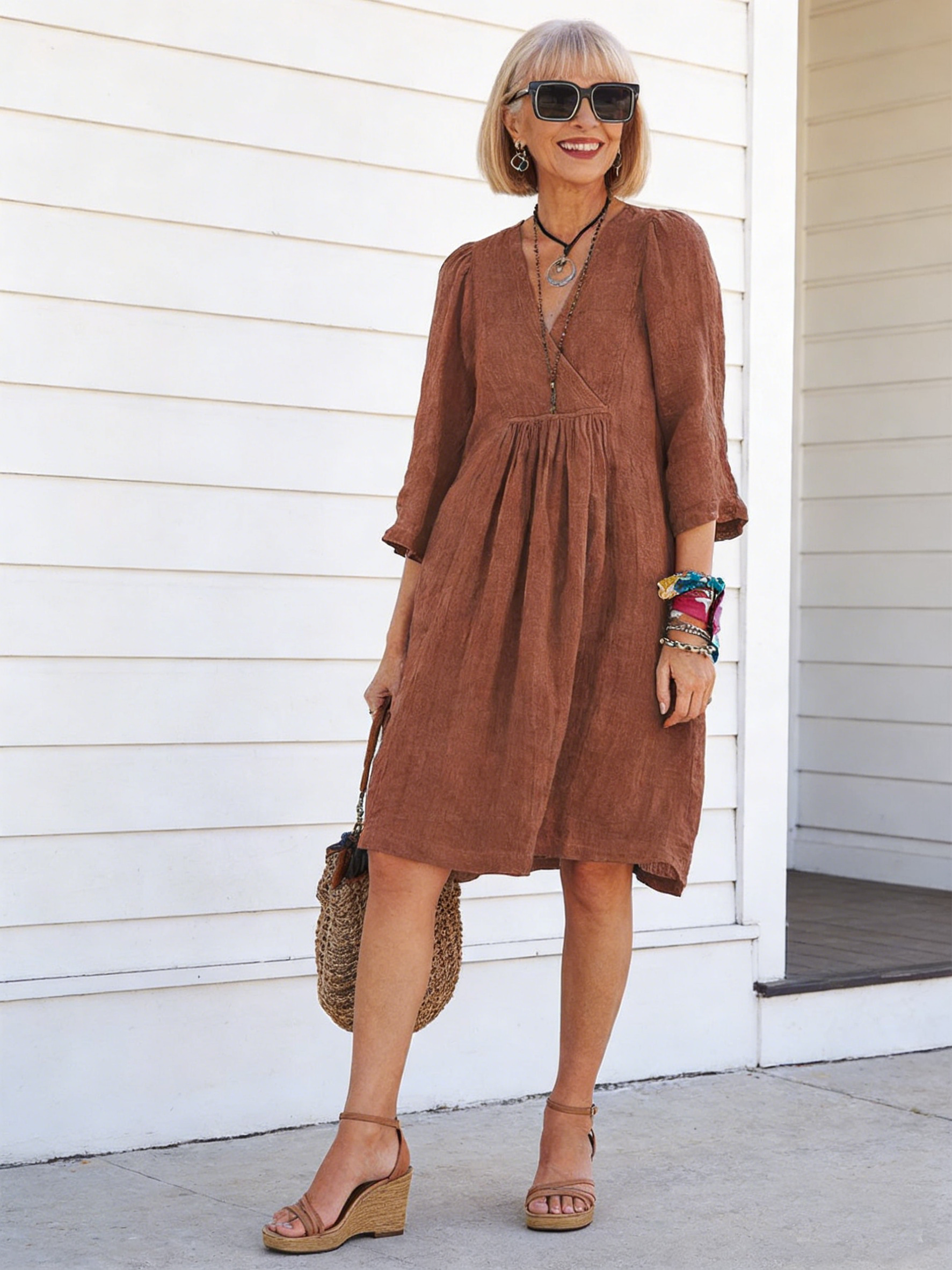 Solid Color Loose Non-Elastic Cotton and Linen Dress