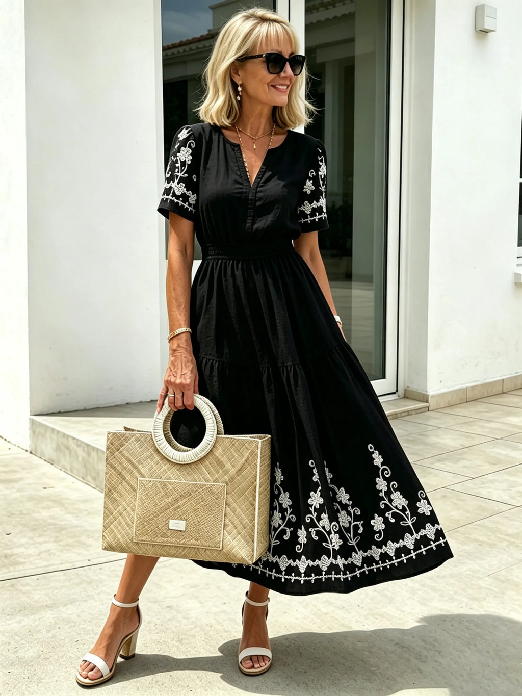 Simia Floral Short-sleeved Dress V-neck A-shaped Skirt