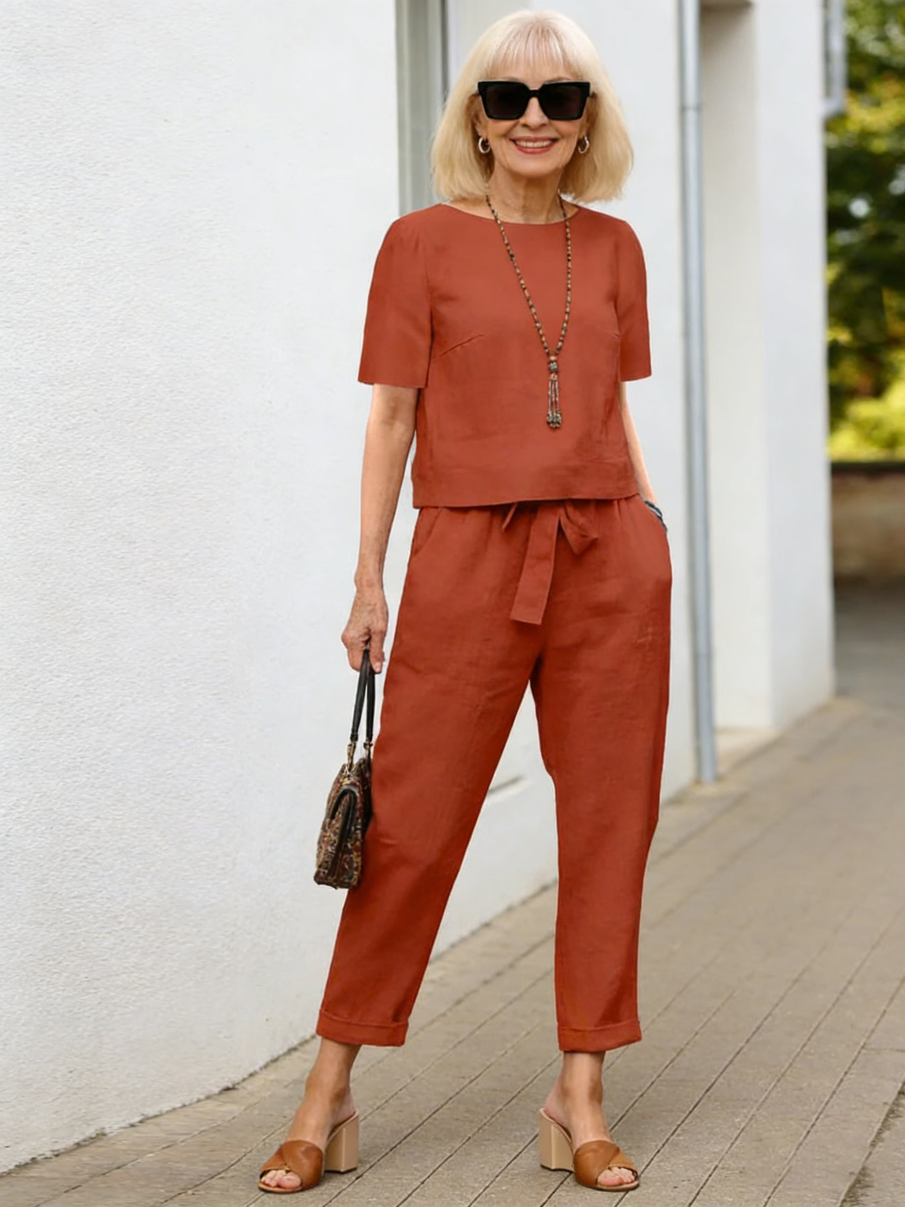 2Pcs Summer Fashion Solid Color Short-Sleeved Trousers Two-Piece Suit (Including Belt)