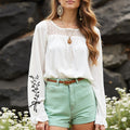 Woman's Casual Lace Trim Embroidered Long-sleeved Shirt