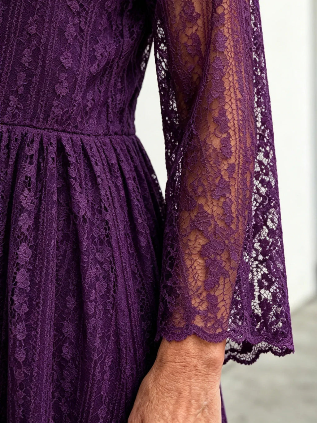 Purple Lace Midi Dress, Mock Neck Sheer 3/4 Sleeve Elastic Waist Slimming Swing Dress for Mature Women