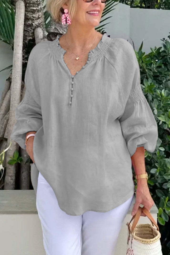 Casual V-neck Solid Color Cotton and Linen Long-sleeved Top
