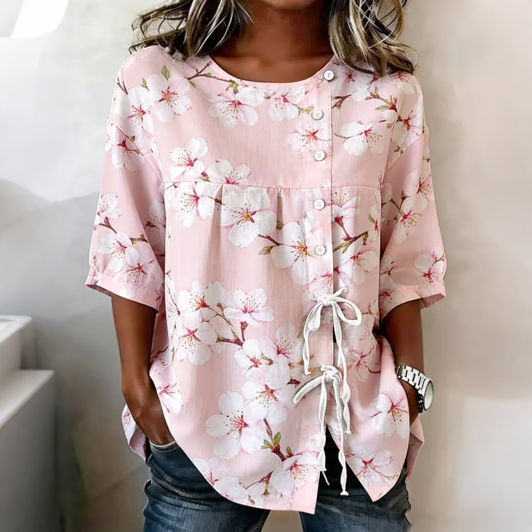 Women's Cherry Blossom Pattern Short-sleeve Top