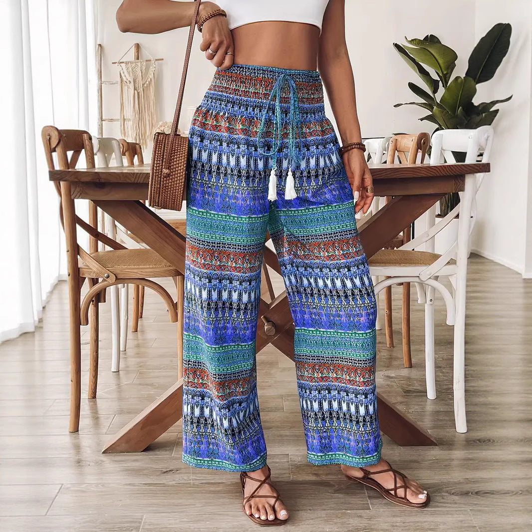 Bohemian Print Women's Casual High-waisted Elastic Trousers