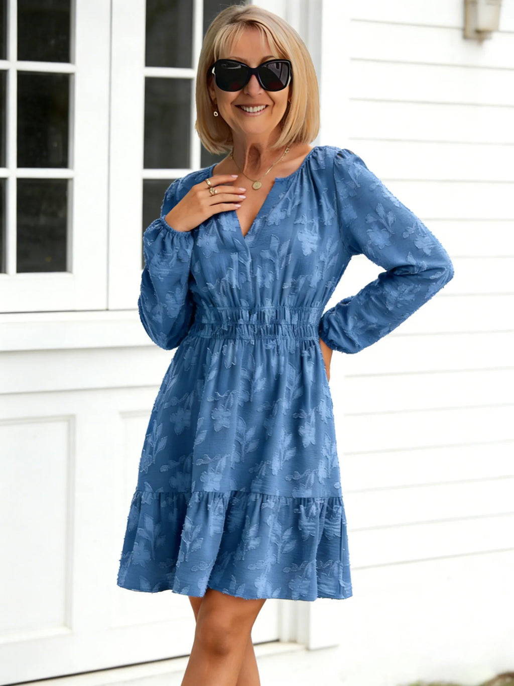 Jacquard V-neck Pullover Elastic Waist Pendulum Women's Long-sleeved Ruffle Edge Dress