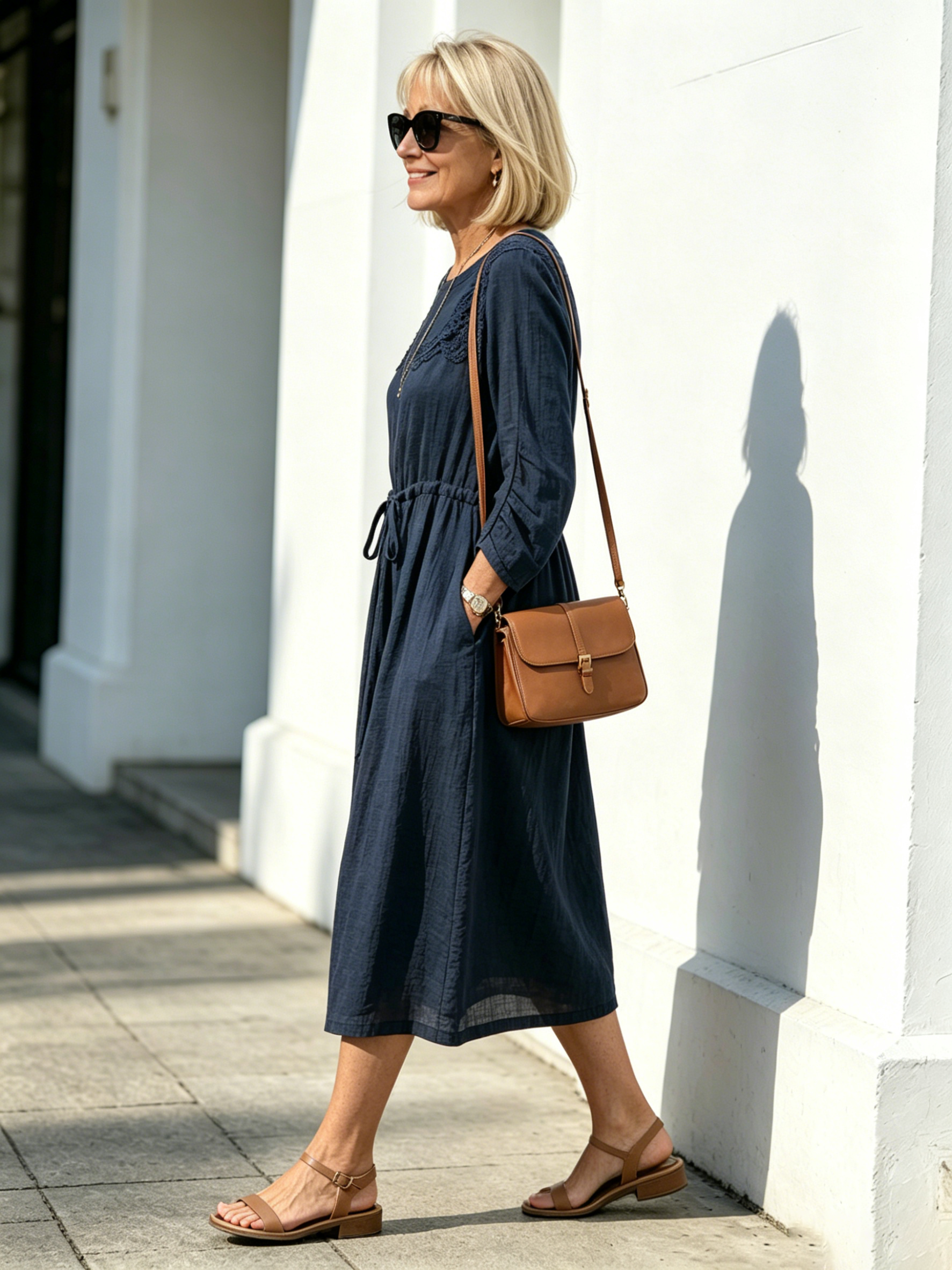 Embroidered Seven-quarter-sleeved Dress for Women's Loose and Thin Lace-up Waist Mid-length Dress