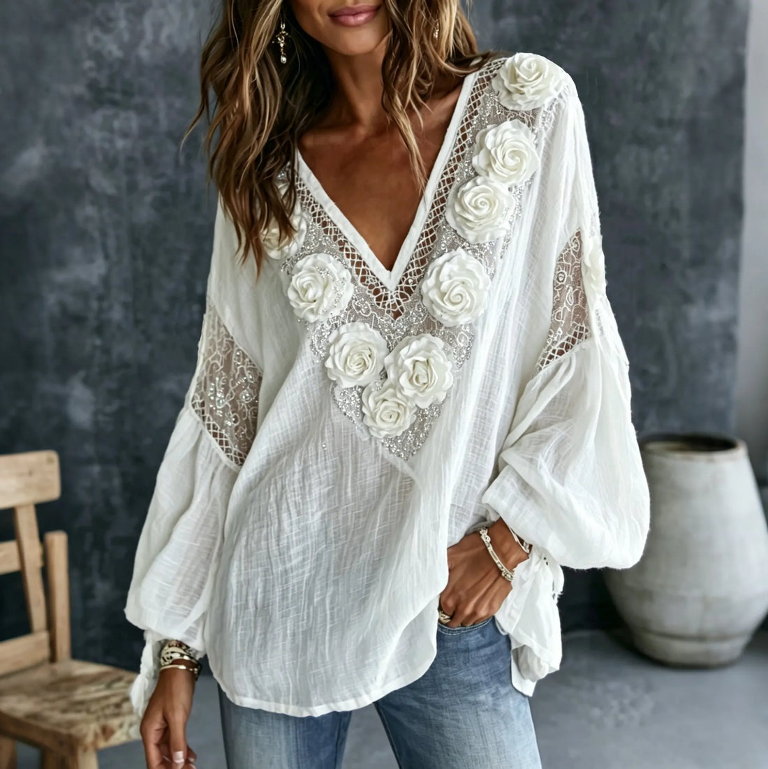 Women's Romantic White Rose Art Linen Blend V Neck Long Sleeve Tops