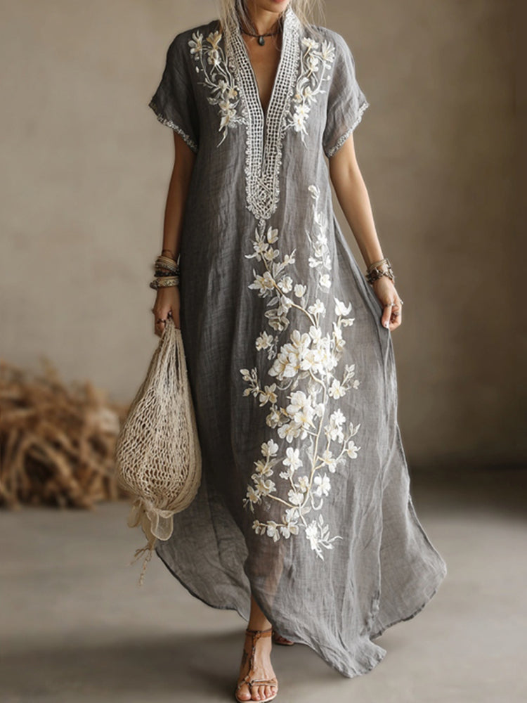 Vintage Japanese Floral Art Embroidered Linen Maxi Dress