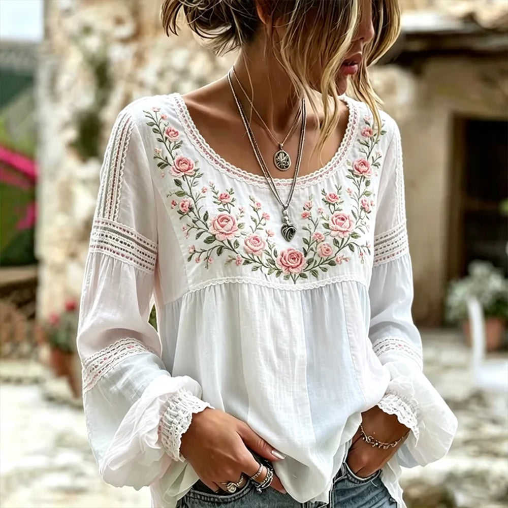 Women's Retro Rose Art Embroidery Color Block Comfortable Cotton Linen Long Sleeve Top