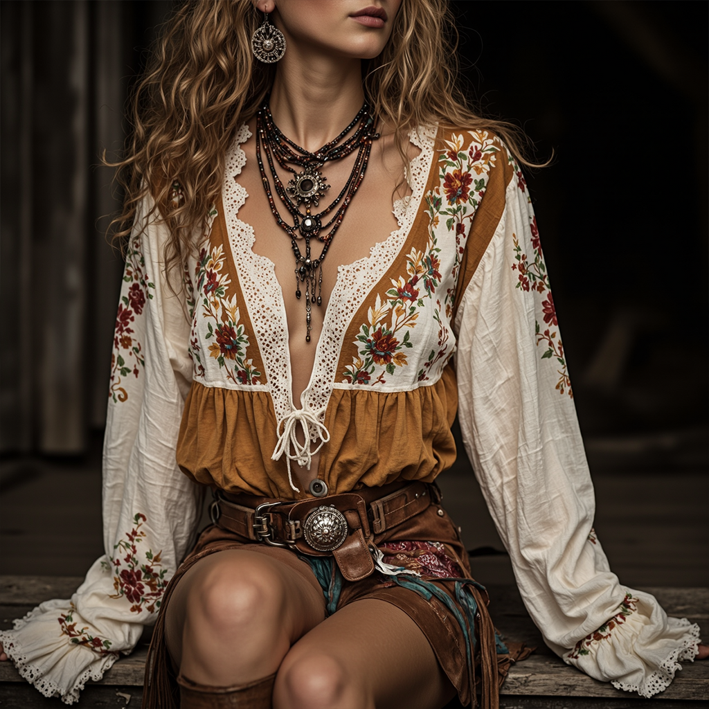 Women's Bohemian Floral Embroidered Blouse With Lace Details