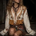 Women's Bohemian Floral Embroidered Blouse With Lace Details