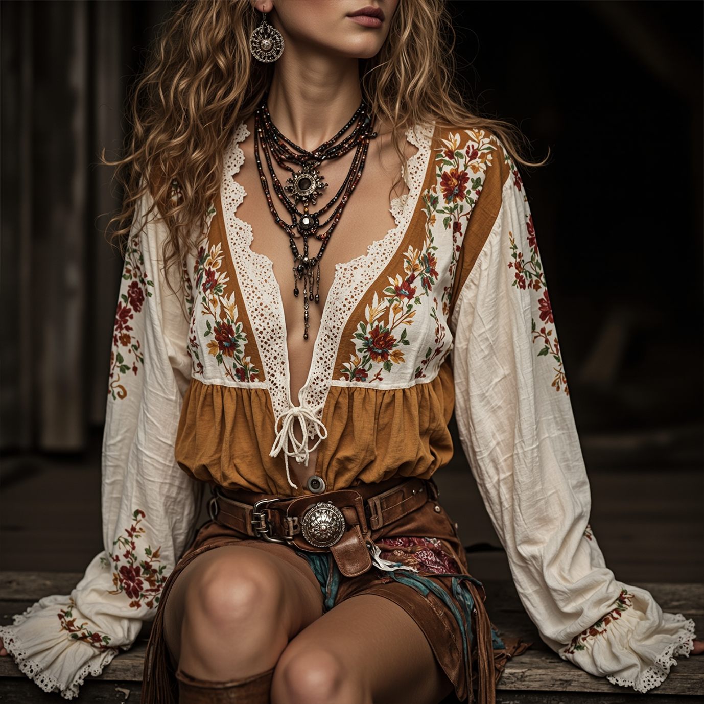 Women's Bohemian Floral Embroidered Blouse With Lace Details