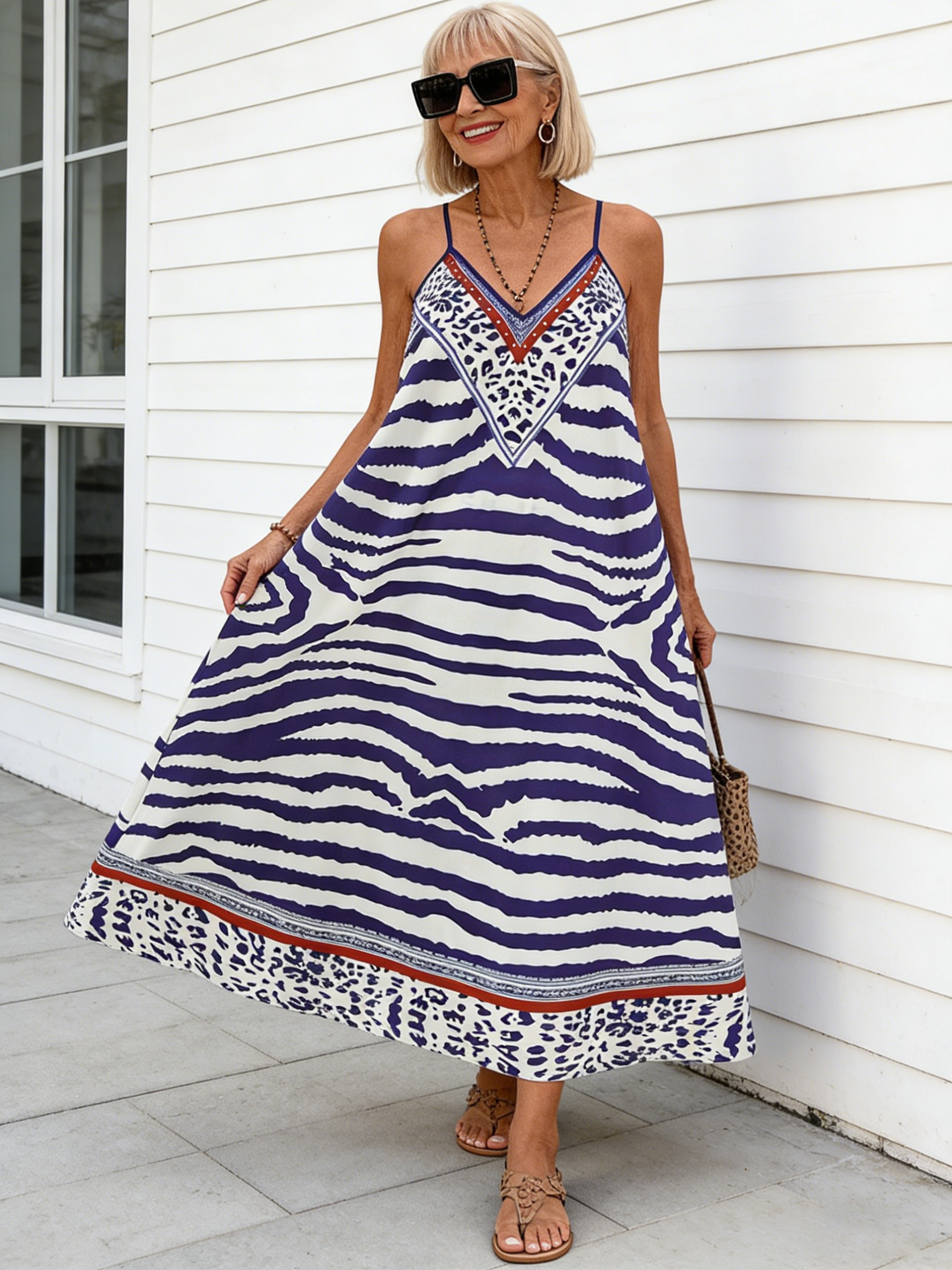 Beach V-neck Slip Print Dress Women's Clothing