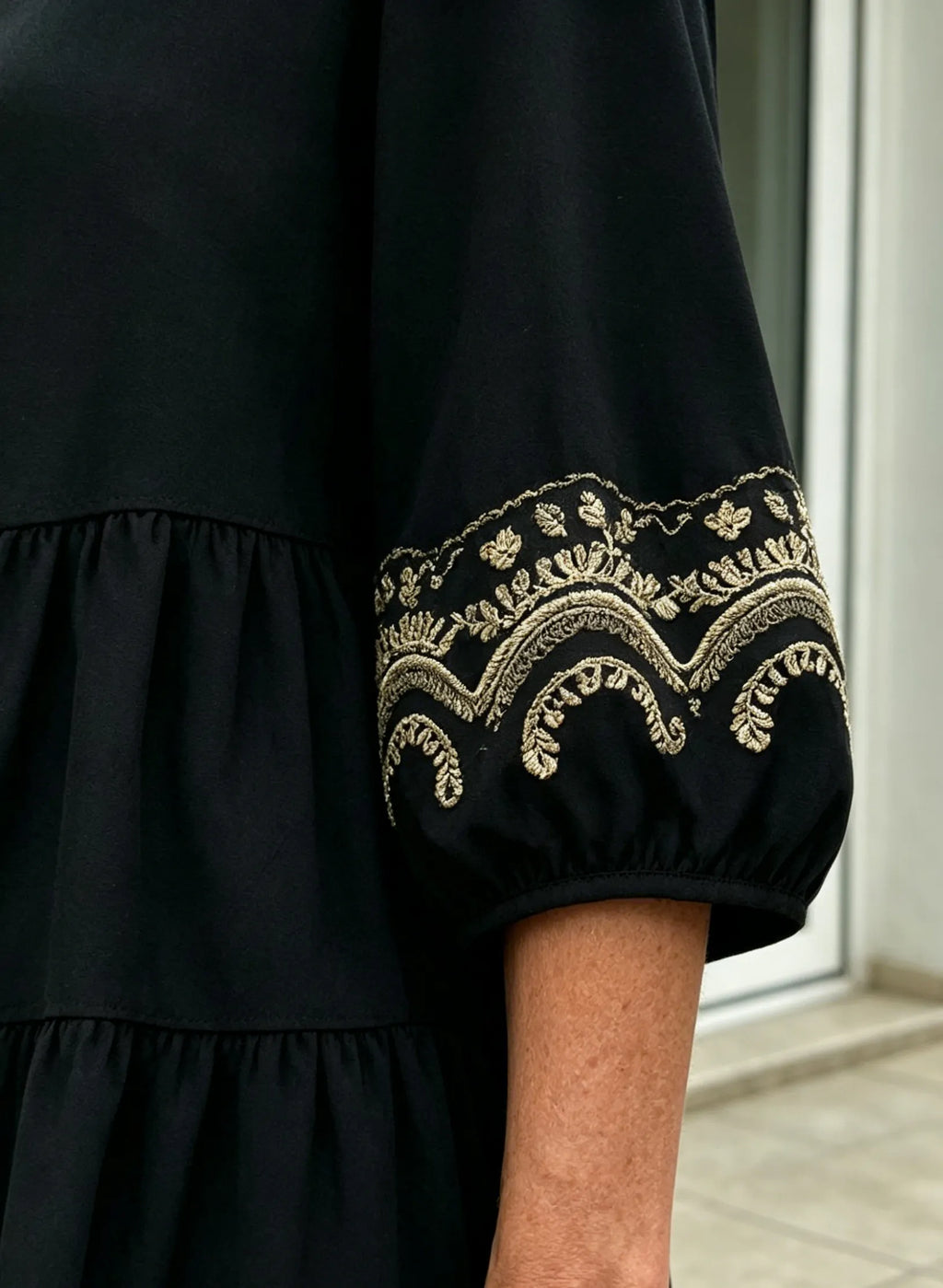 Navy Blue Tiered Midi Dress, Gold Embroidered 3/4 Sleeve Round Neck Loose Tummy Concealing Elegant Dress