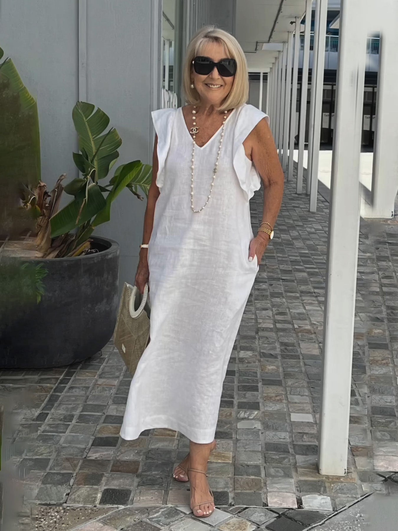 Casual Dress with Ruffle Sleeves,Back Adjustment Rope,Deep Pockets,Pure White Formal Dress, Evening Dress