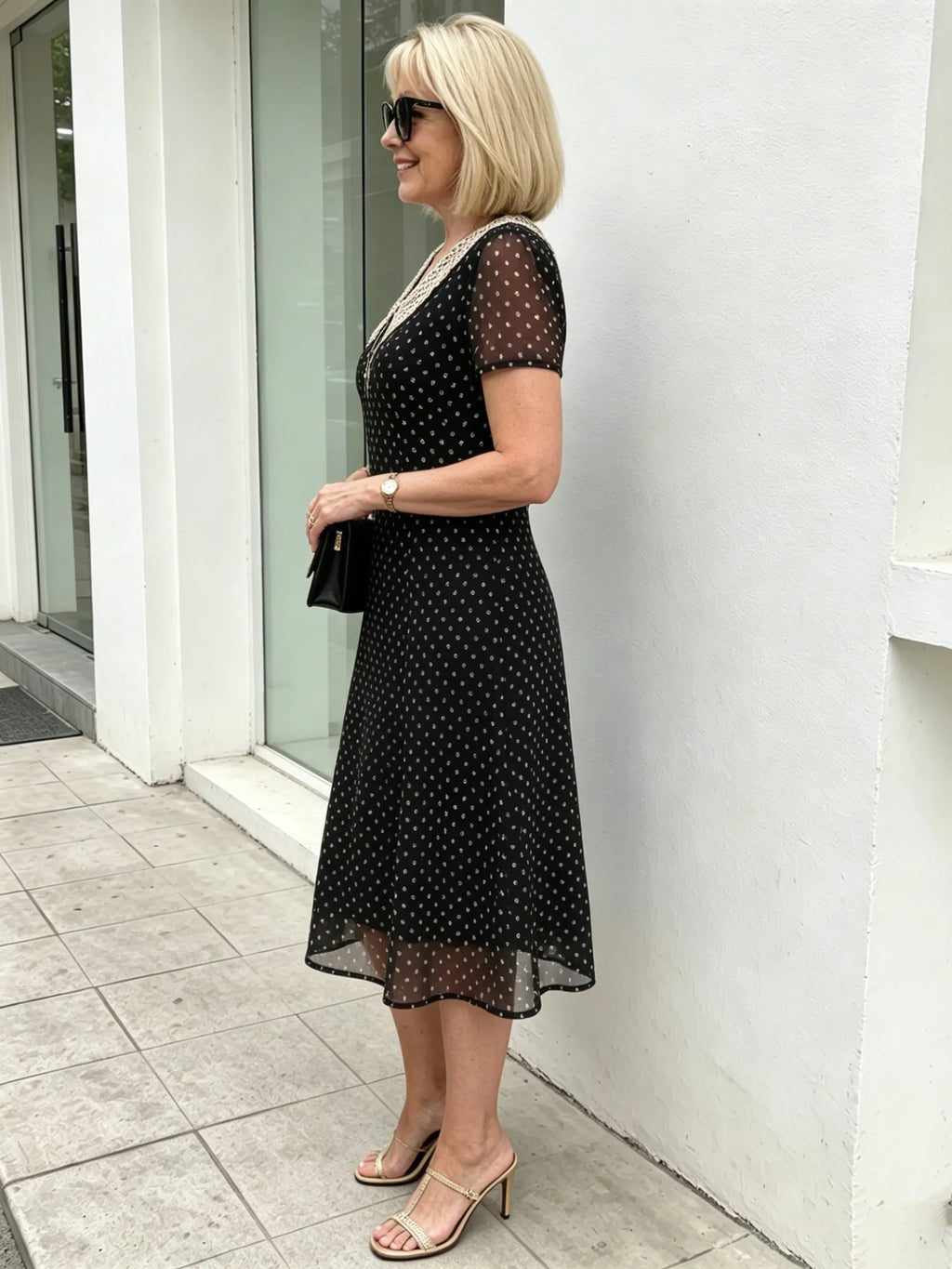 Black Polka Dot Mesh Midi Dress, Lace Peter Pan Collar Short Sleeve Elastic Waist Tummy Concealing Slimming Temperament Dress for Mature Women