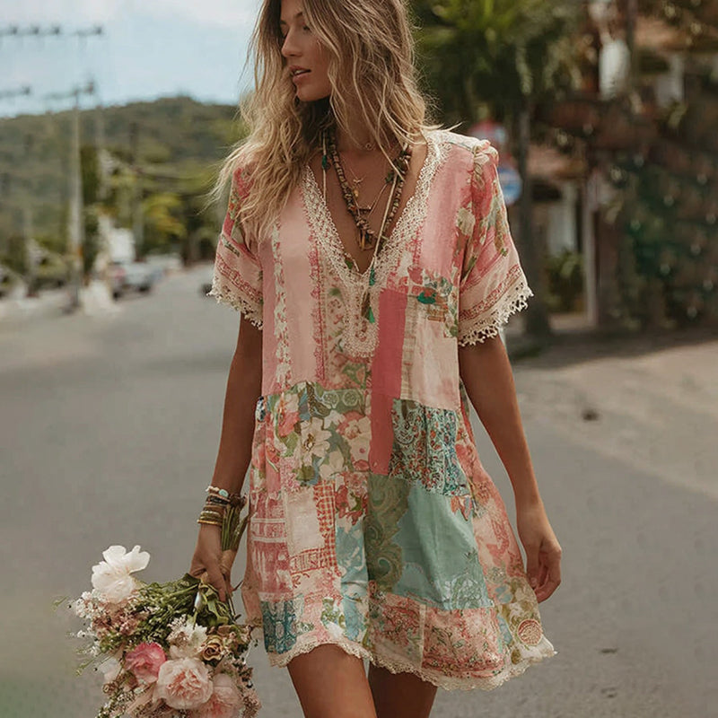 Women's Vintage Floral Patchwork Art Pattern Short Sleeve Mini Dress