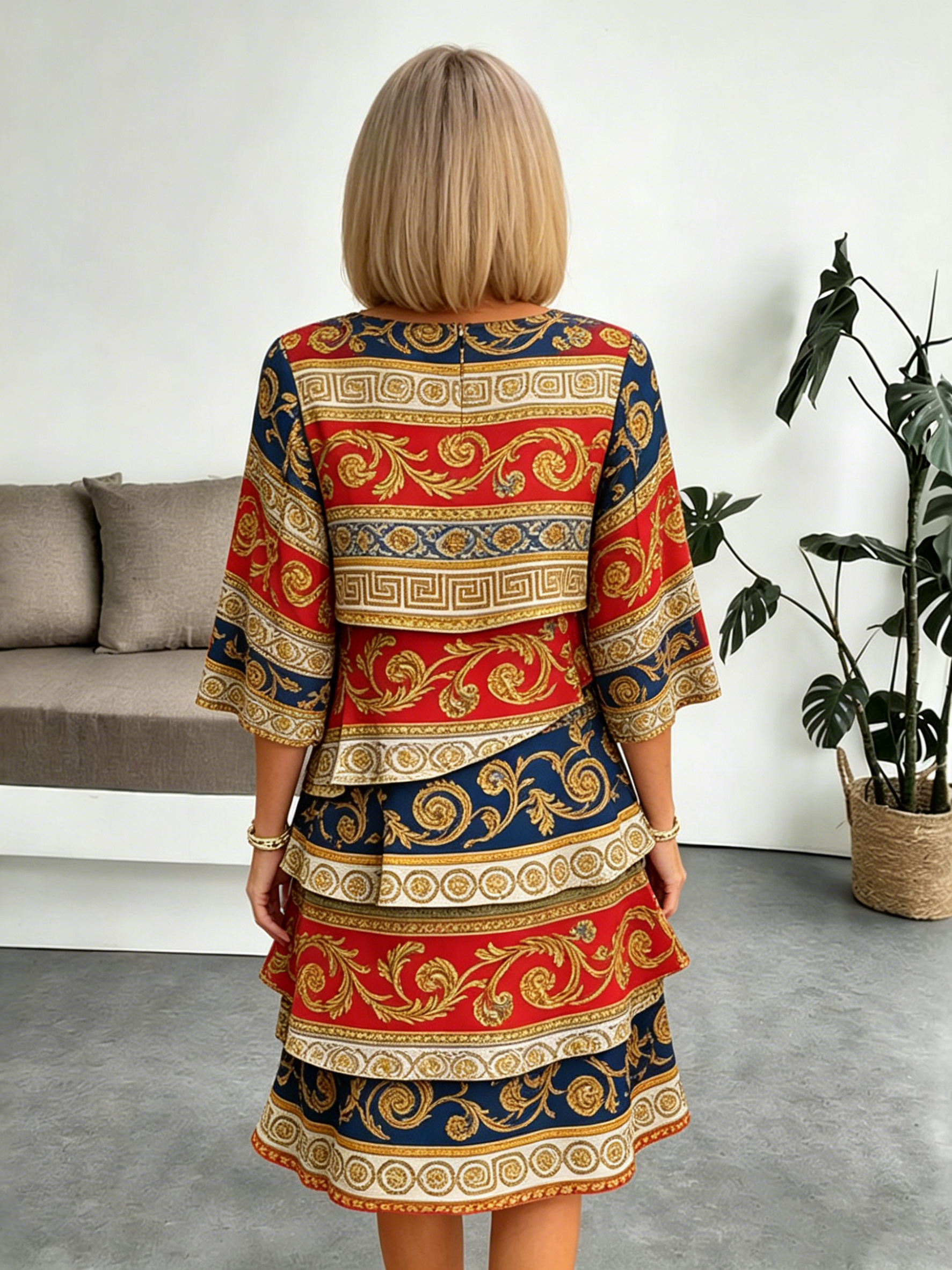 Chiffon Paisley Vacation Prints Color Round Neck Cake Skirt Splicing Dress Mid-length