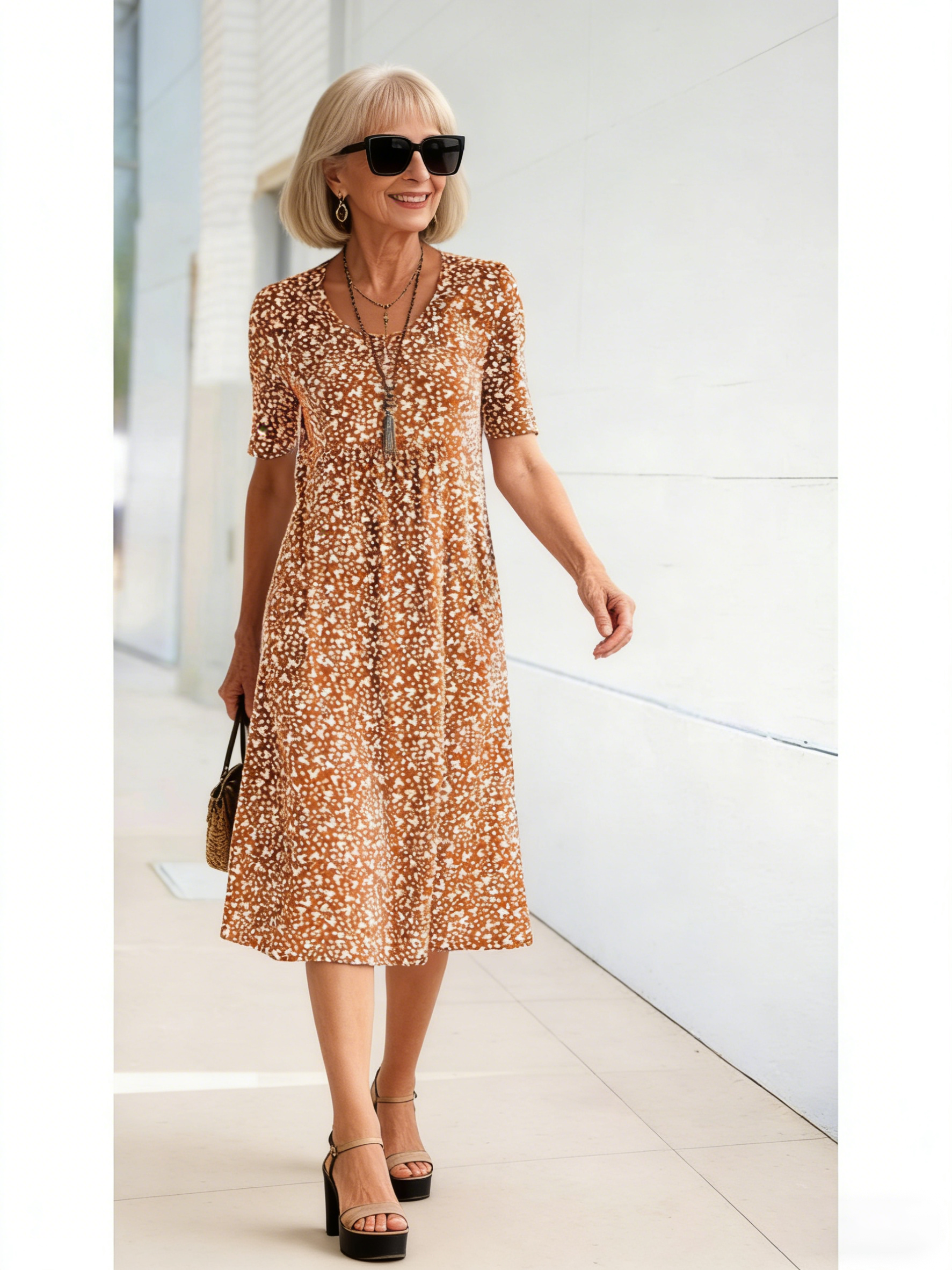 Holiday Style Round Neck Short-sleeved Floral Medium and Long Dress