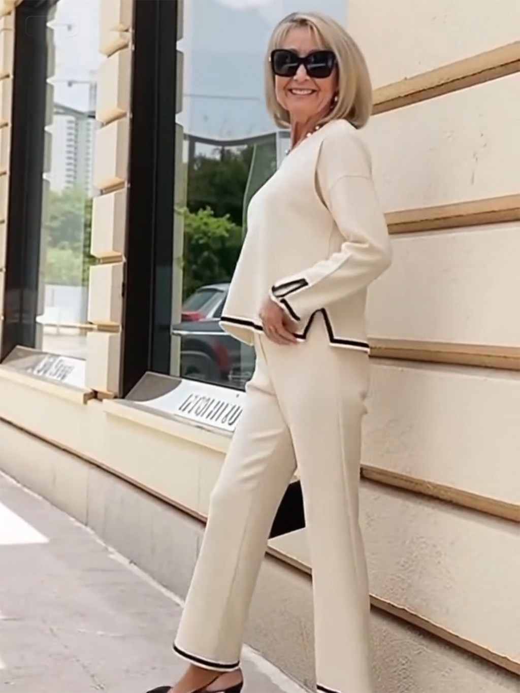 Contrasting Color Split-ended Long-sleeved Knitted Sweater High-waisted and Thin Wide-leg Pants and Trousers Two-piece Set