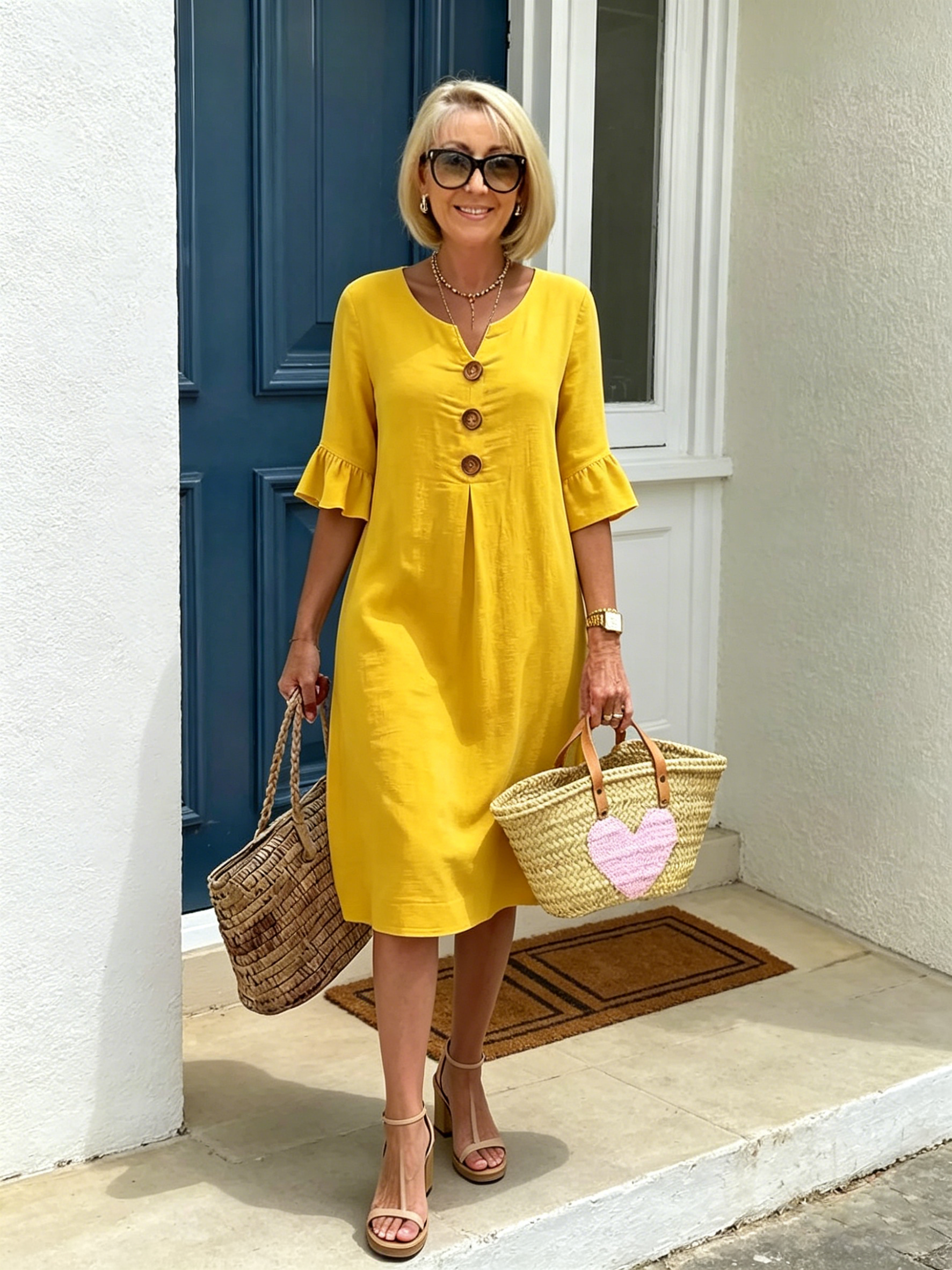 Cotton and Linen V-neck Large Button Lotus Leaf Sleeve Design Dress