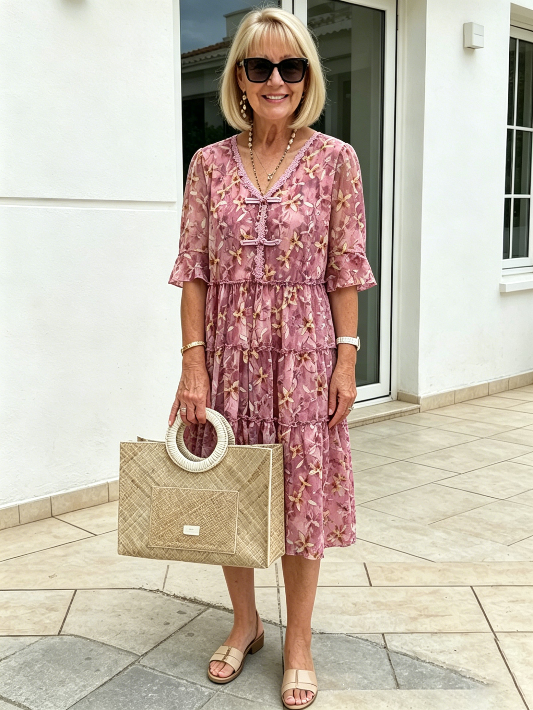 Green Floral Chiffon Tiered Midi Dress, V-Neck Frog Button Ruffle Short Sleeve Loose Casual Dress for Mature Women