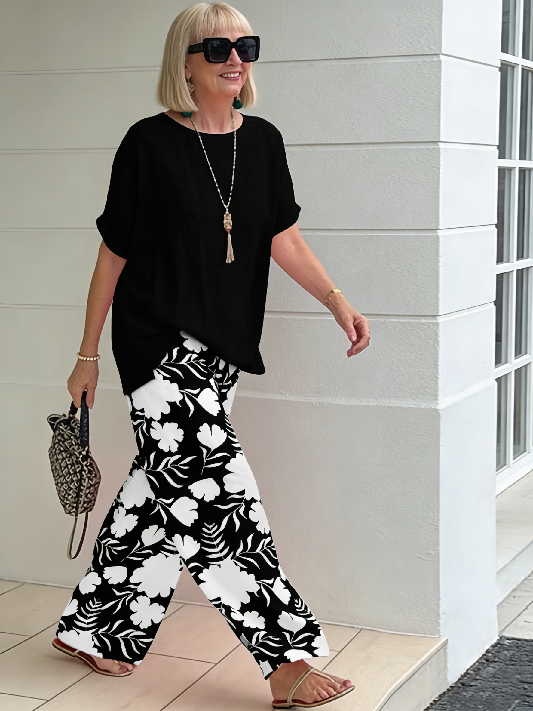 2Pcs Fashion Loose Printed Pants Casual Suit Two Pieces