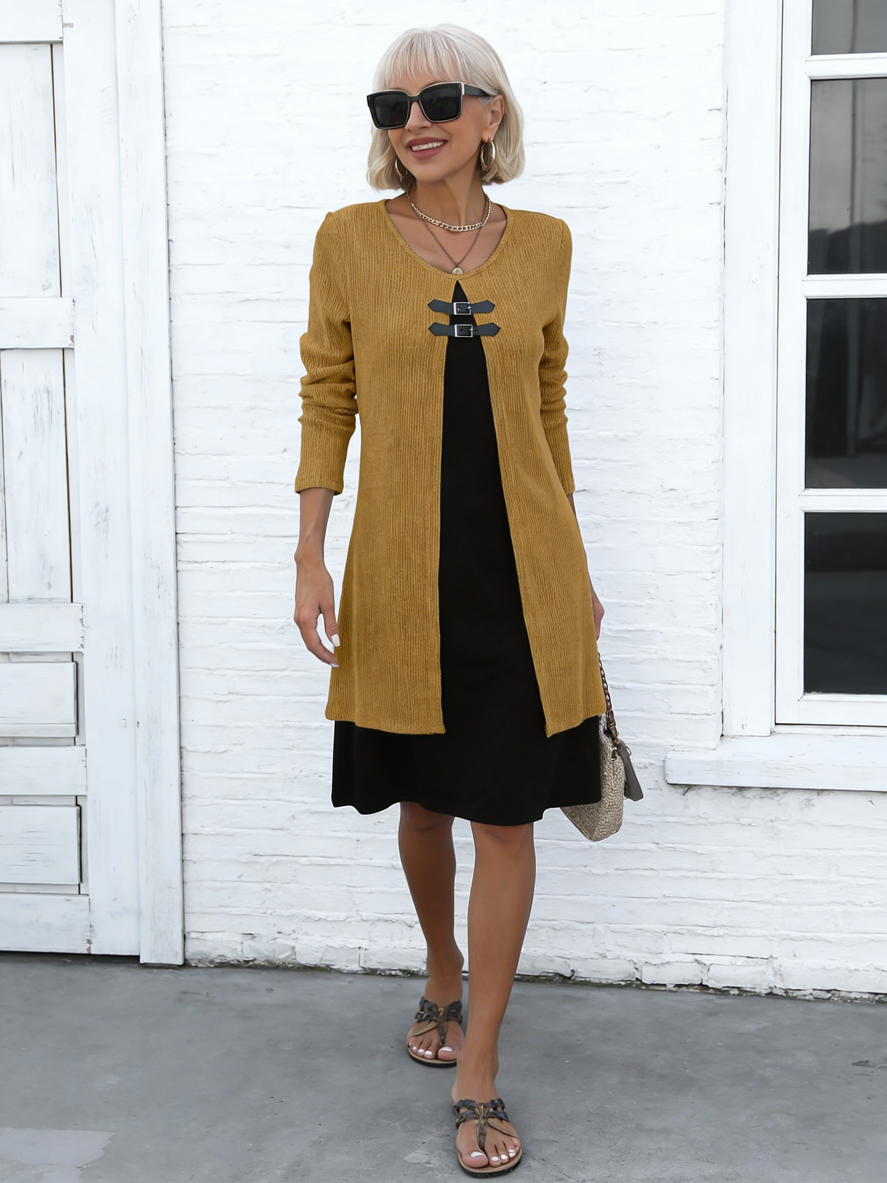 Contrasting Color Fake Two-piece Button Slim Dress